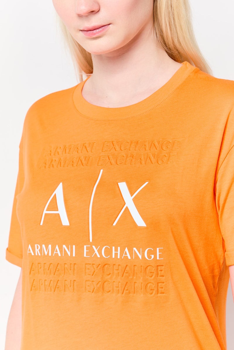 Armani Exchange Women Crew Neck Short Sleeve Graphic Print T-Shirt, Orange - Image 3